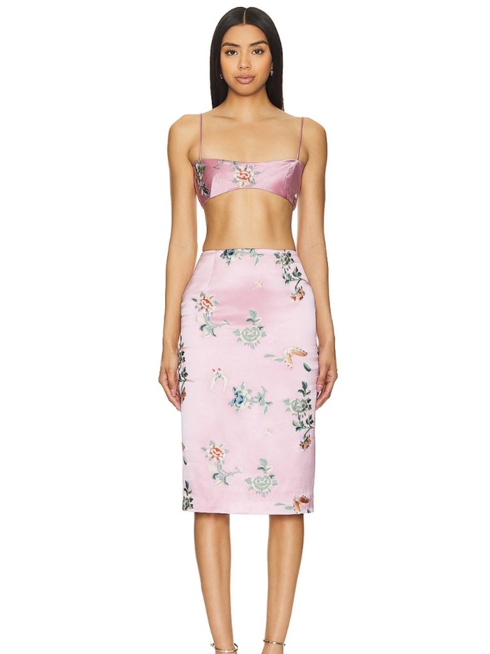 KIM SHUI Set XS Pink Embroidered Pencil Skirt and Bralette Top 100% Silk NWOT